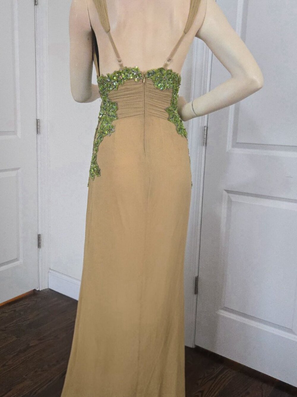 Y2K Vintage Mandalay Evening Gown Green Silk Beaded Sequin Plunging Low Cut 4 - Picture 4 of 14